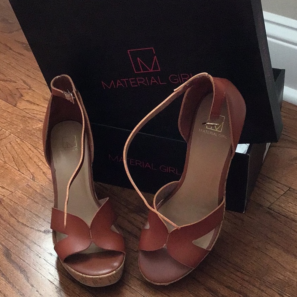 Material Girl brown leather cork wedges